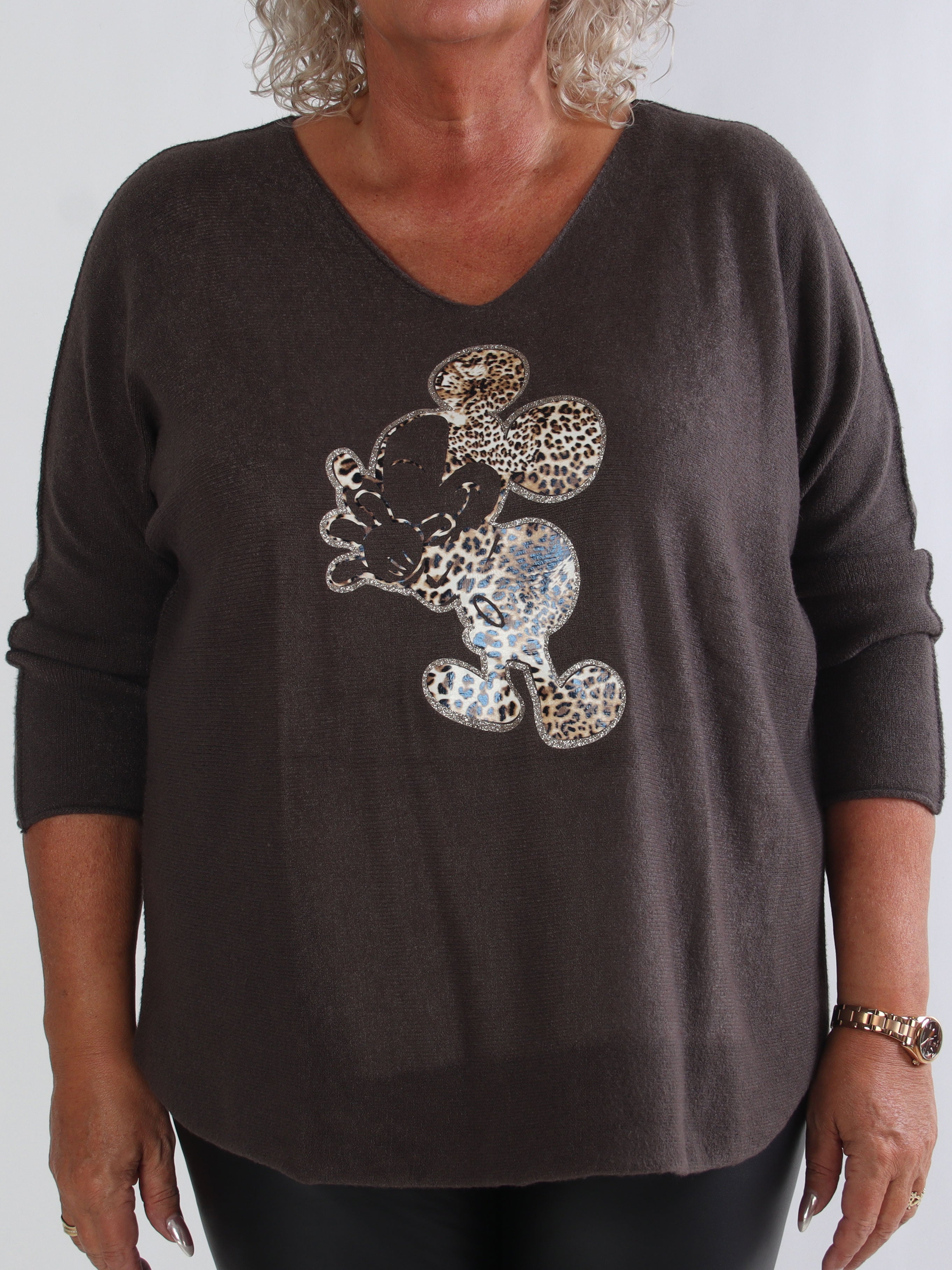 Mouse - Mjuk plus size tröja med mickey tryck i leopardmönster
